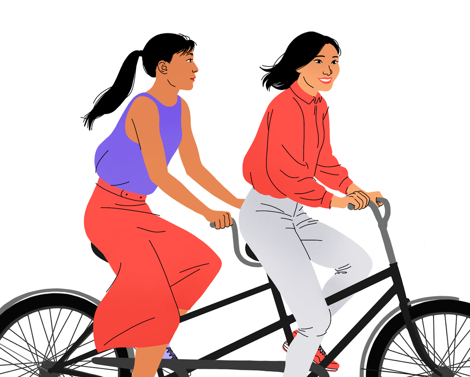 An illustration of two best friends tandem biking