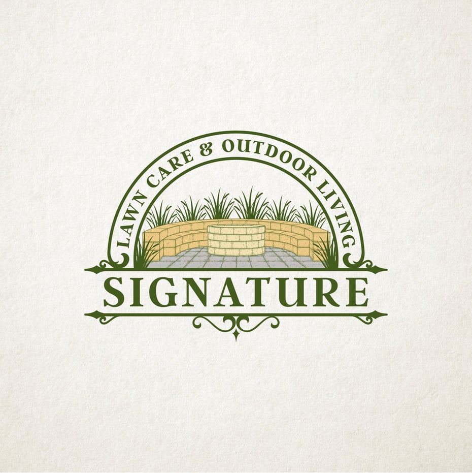 illustration of a fire pit made of pavers with the text “Lawn Care & Outdoor Living Signature”