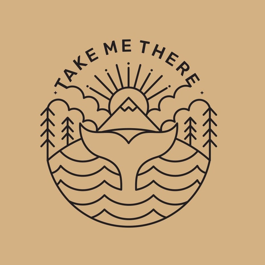 line art travel logo with trees, sun and fish tail
