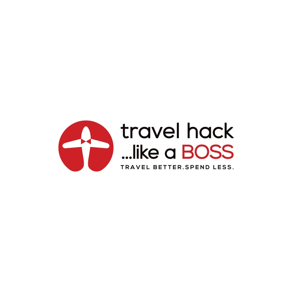 circular logo with a negative space airplane wearing a bowtie