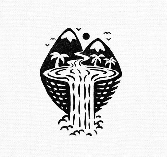 a travel logo consisting of tropical island with waterfall