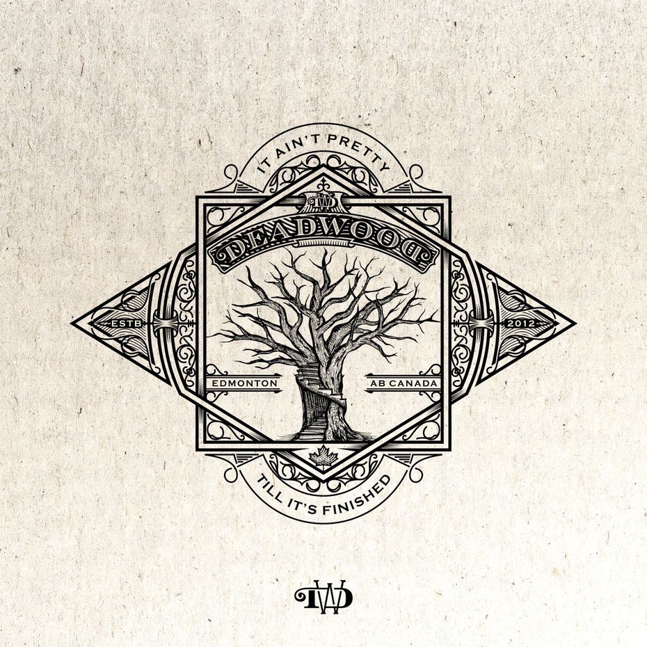 intricate logo showing a staircase carved into a tree with the text “deadwood”