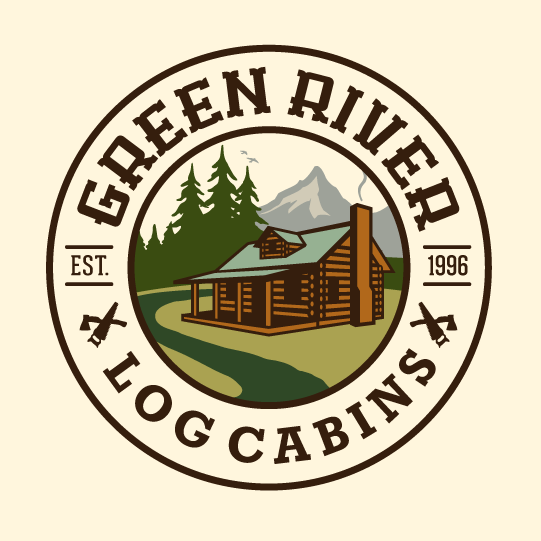 round logo showing an image of a log cabin with the text “green river log cabins”