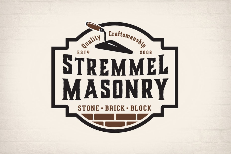  logo  with the text “stremmel masonry” with a spade and the top of a brick wall