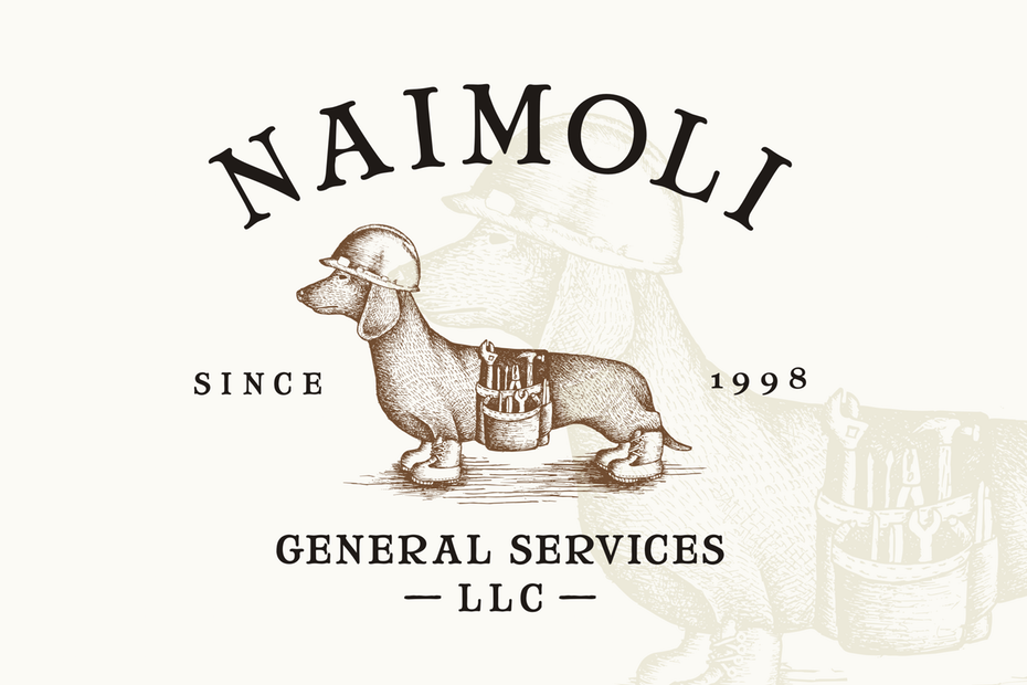 sepia logo of a dachshund wearing a construction vest and hardhat