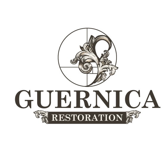 round logo of a flower curved along the side of a circle and the text “Guernica Restoration”