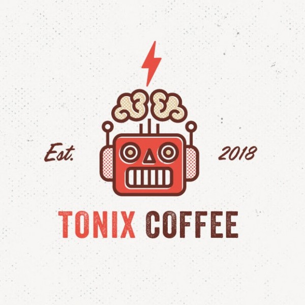 A retro-futuristic logo of a robot