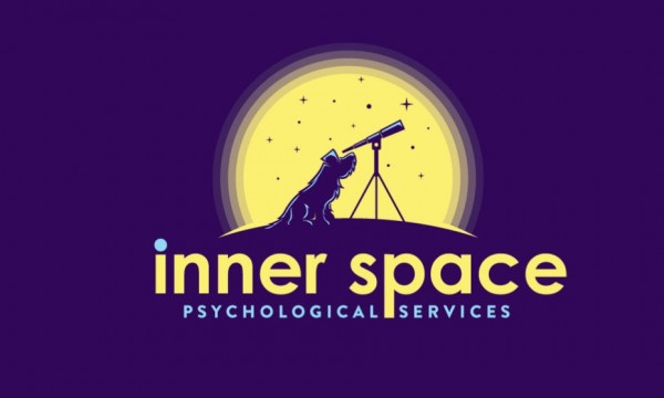  logo  with dog looking through telescope