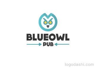 蓝色猫头鹰酒吧标志logo设计，品牌vi设计